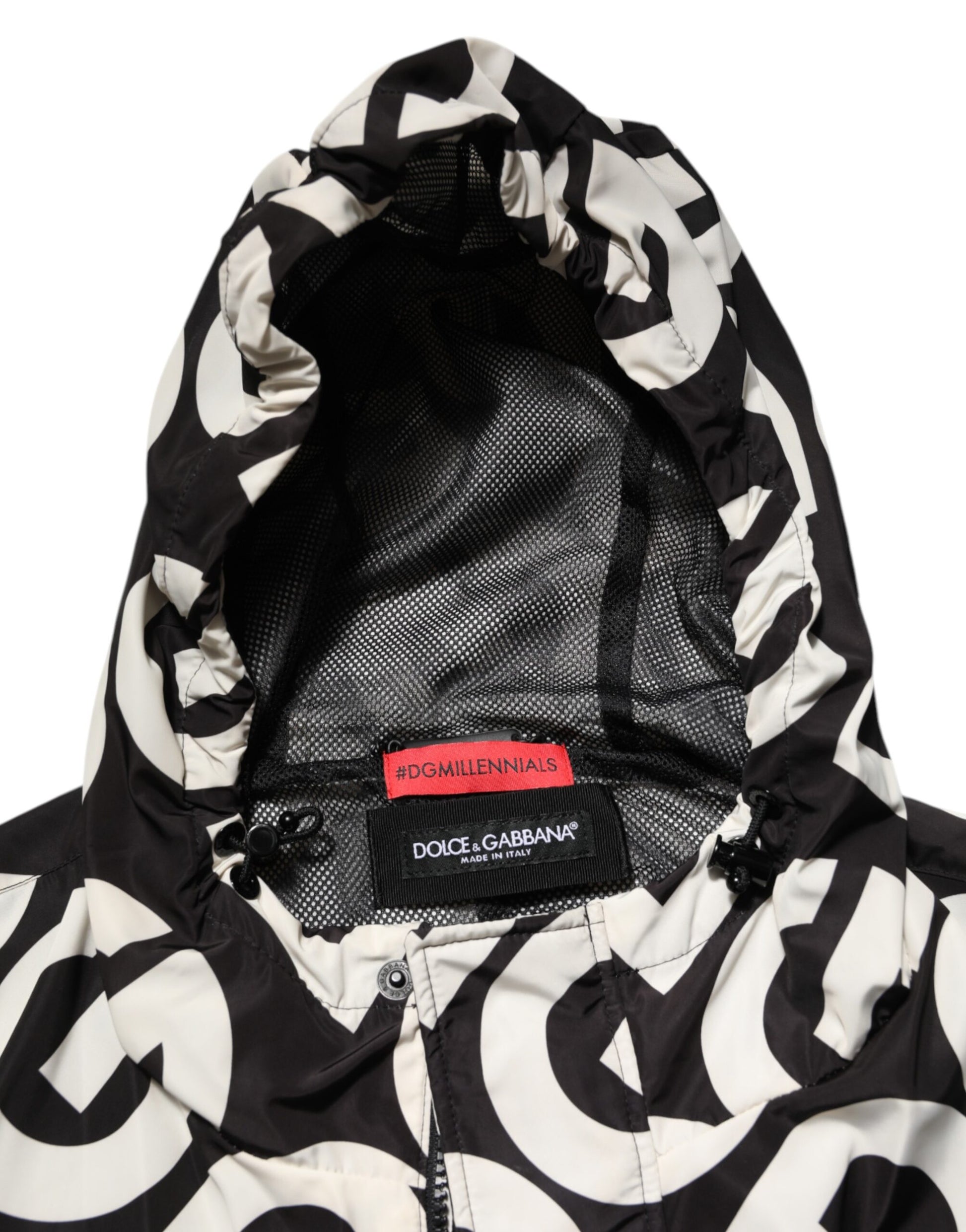 Dolce & Gabbana Black White Logo Print Hooded Coat Men Jacket