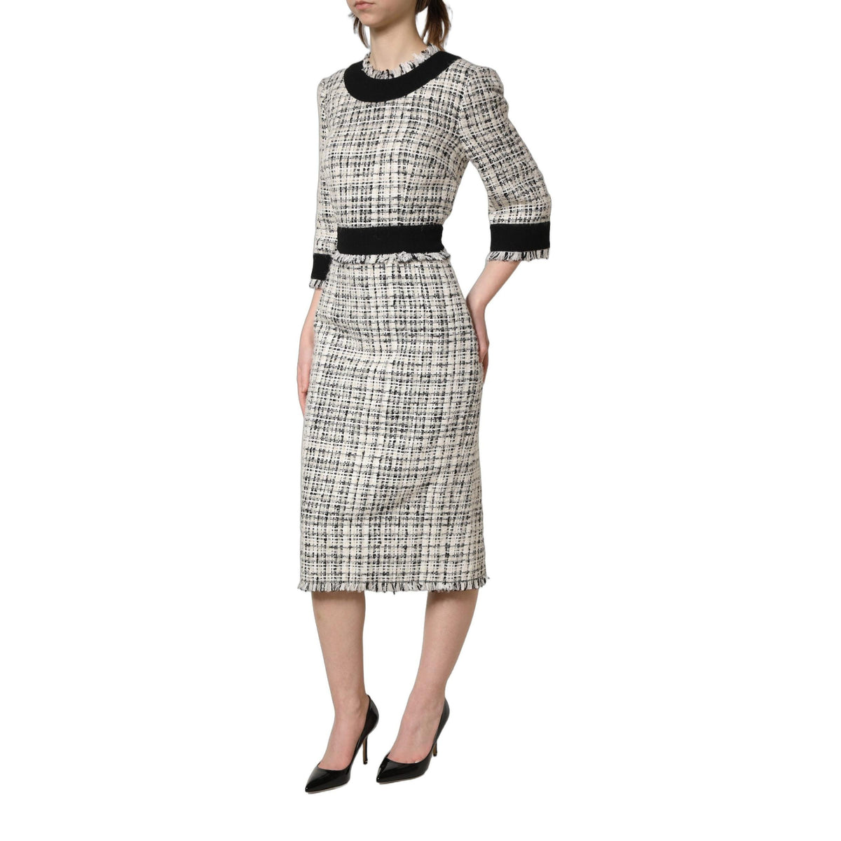 Dolce & Gabbana Black White Tweed Sheath A-line Midi Dress