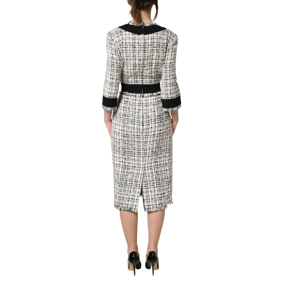 Dolce & Gabbana Black White Tweed Sheath A-line Midi Dress