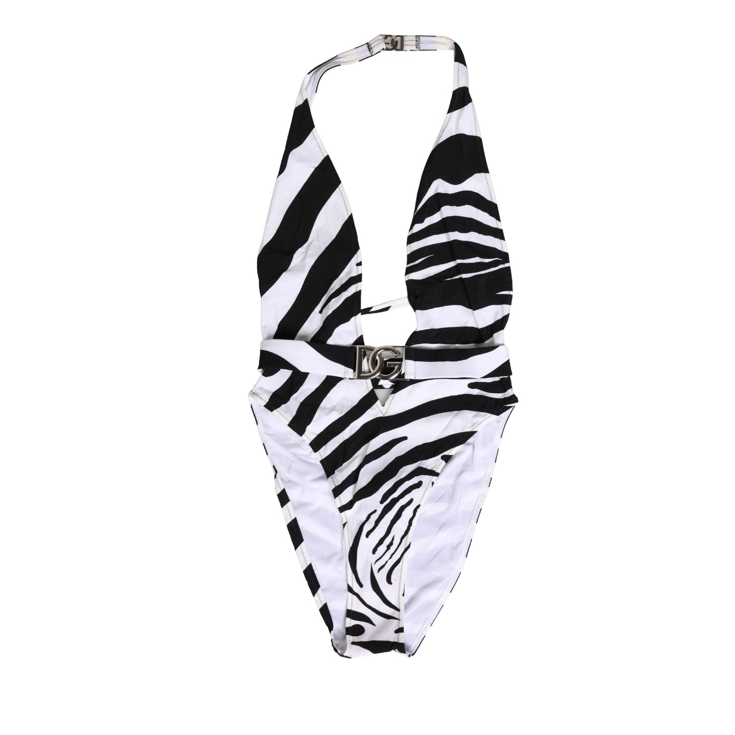 Dolce & Gabbana Black White Zebra Deep V-Neck One Piece Swimwear