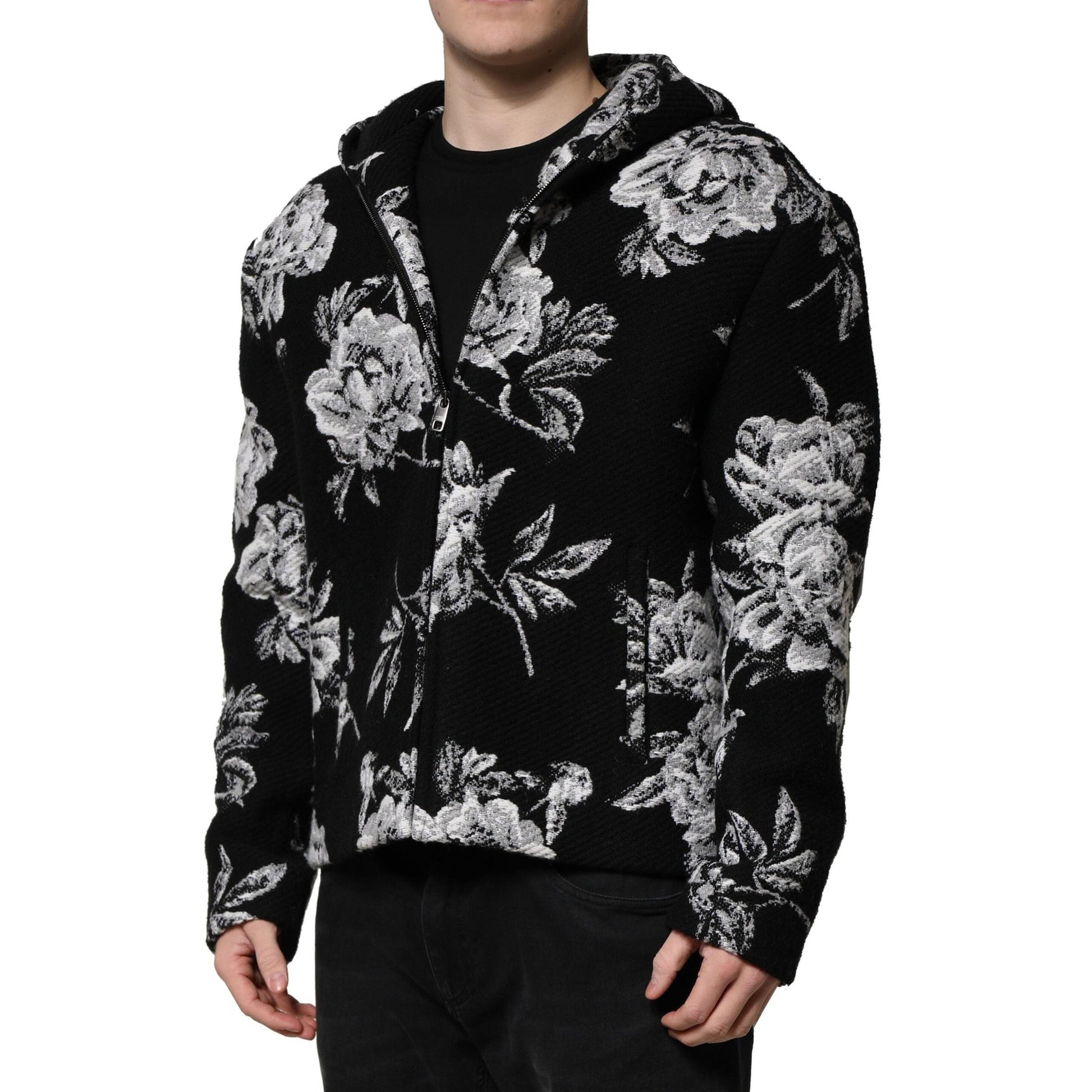 Dolce & Gabbana Black Wool Floral Printed Men Hooded Jacket