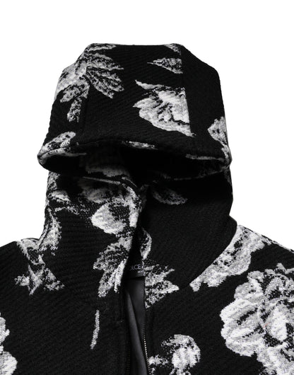 Dolce & Gabbana Black Wool Floral Printed Men Hooded Jacket