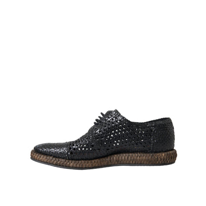 Dolce & Gabbana Black Woven Goat Leather Lace Up Derby Shoes