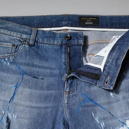 Dolce & Gabbana Blue Cotton Stretch Tattered Skinny Denim Jeans