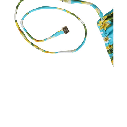 Dolce & Gabbana Blue Floral Print Nylon Halter Bikini Top Swimwear