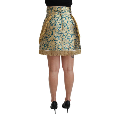 Dolce & Gabbana Blue High Waist Jacquard Tassel Gold Skirt