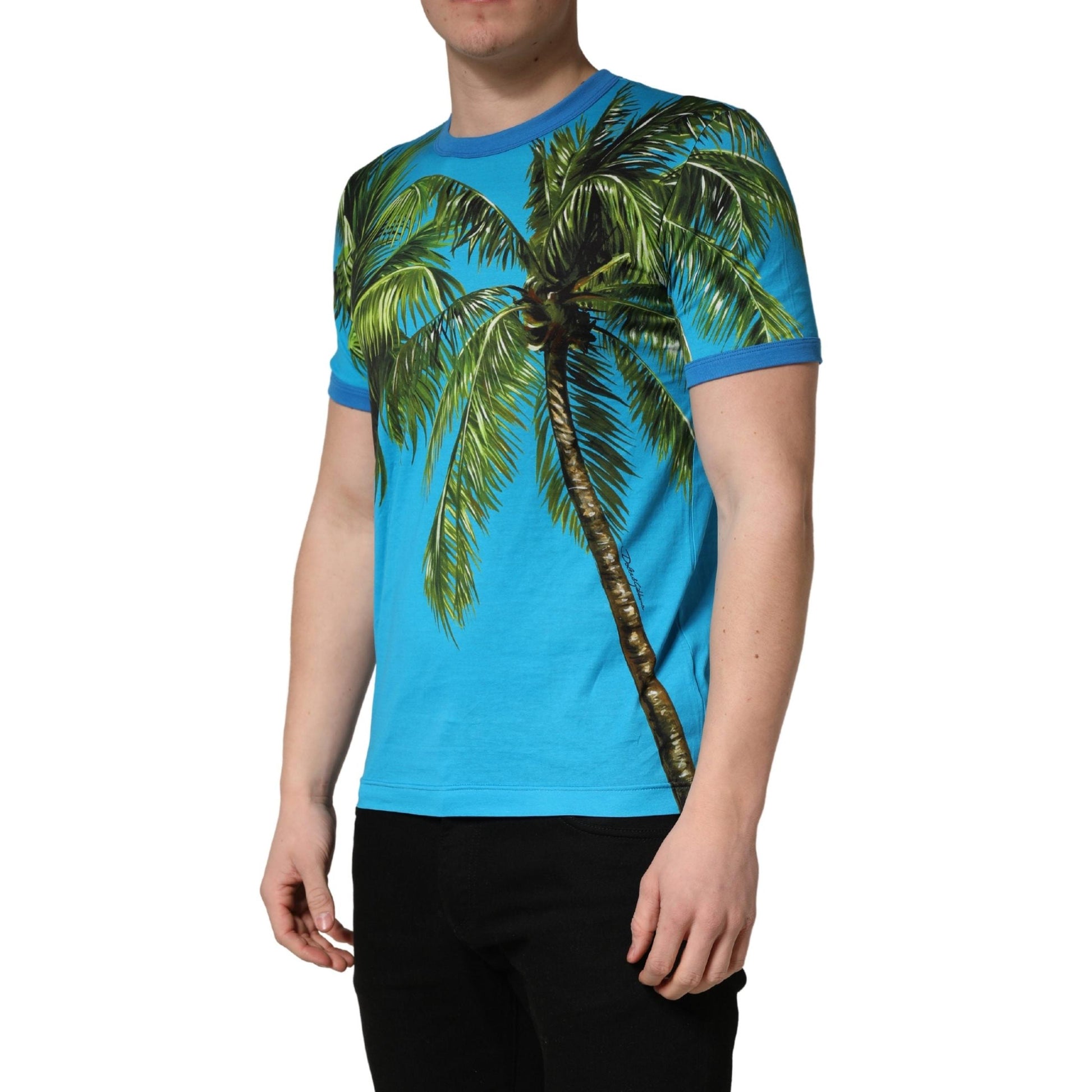 Dolce & Gabbana Blue Palm Tree Print Cotton CrewNeck T-shirt