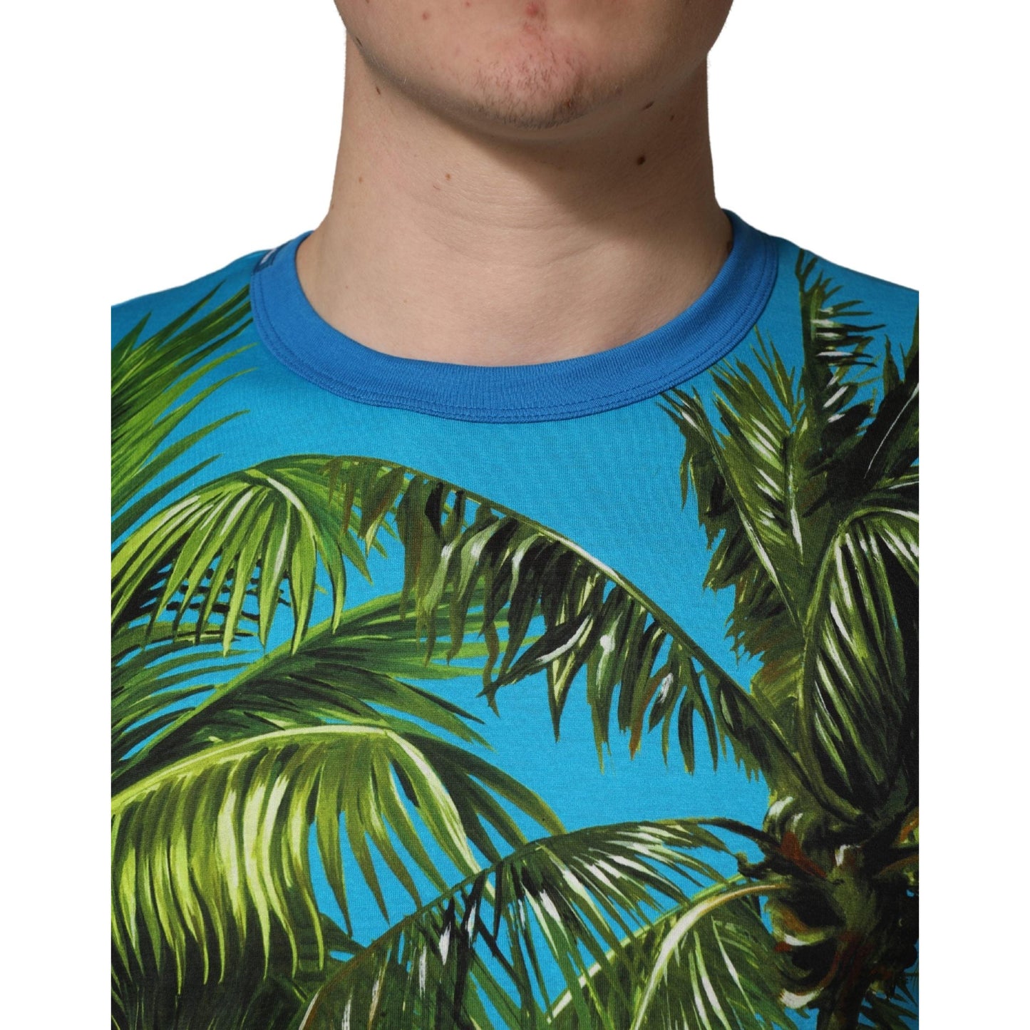 Dolce & Gabbana Blue Palm Tree Print Cotton CrewNeck T-shirt