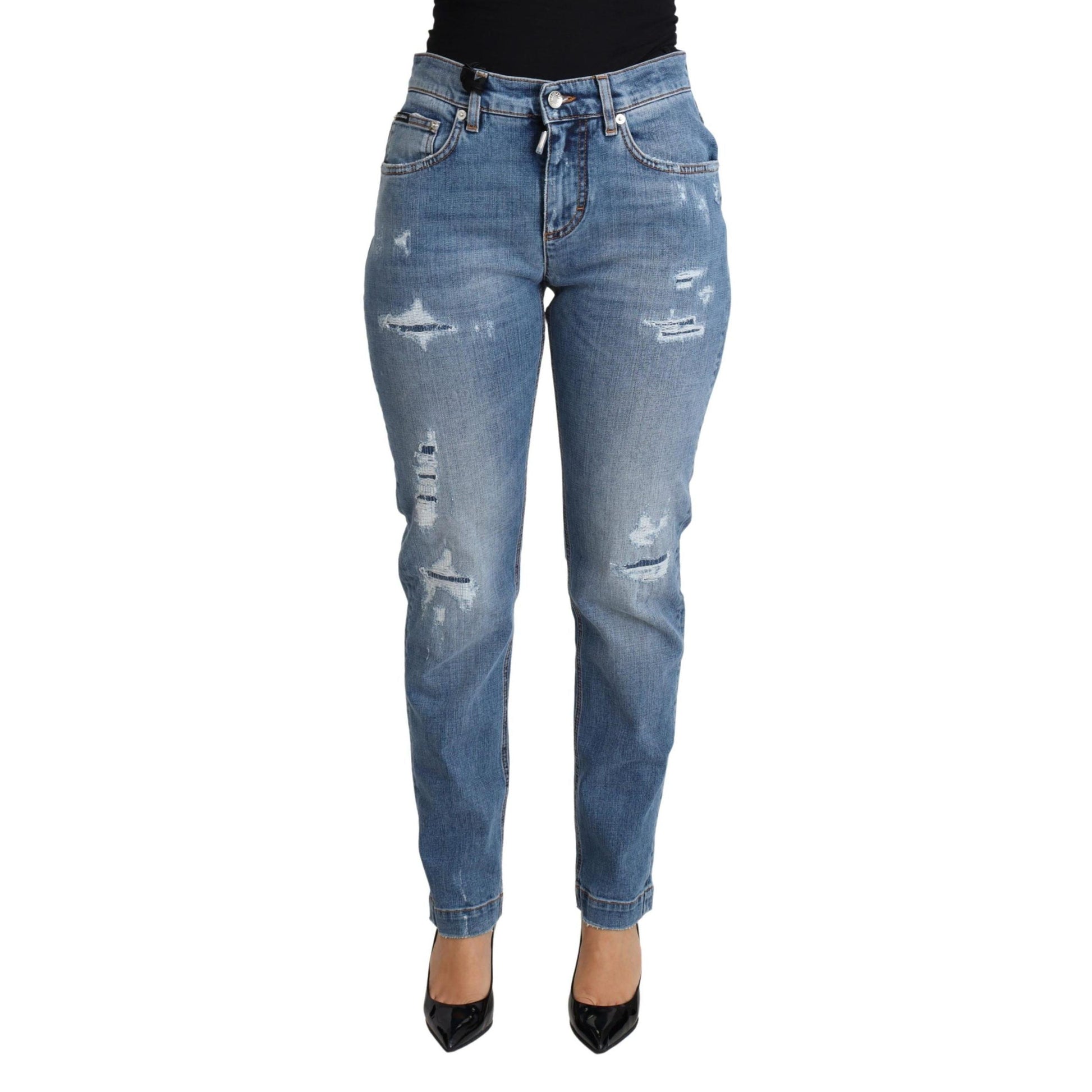 Dolce & Gabbana Blue Tattered Skinny Denim Cotton Blend Jeans