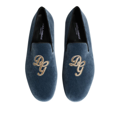 Dolce & Gabbana Blue Velvet DG Logo Loafers Formal Shoes