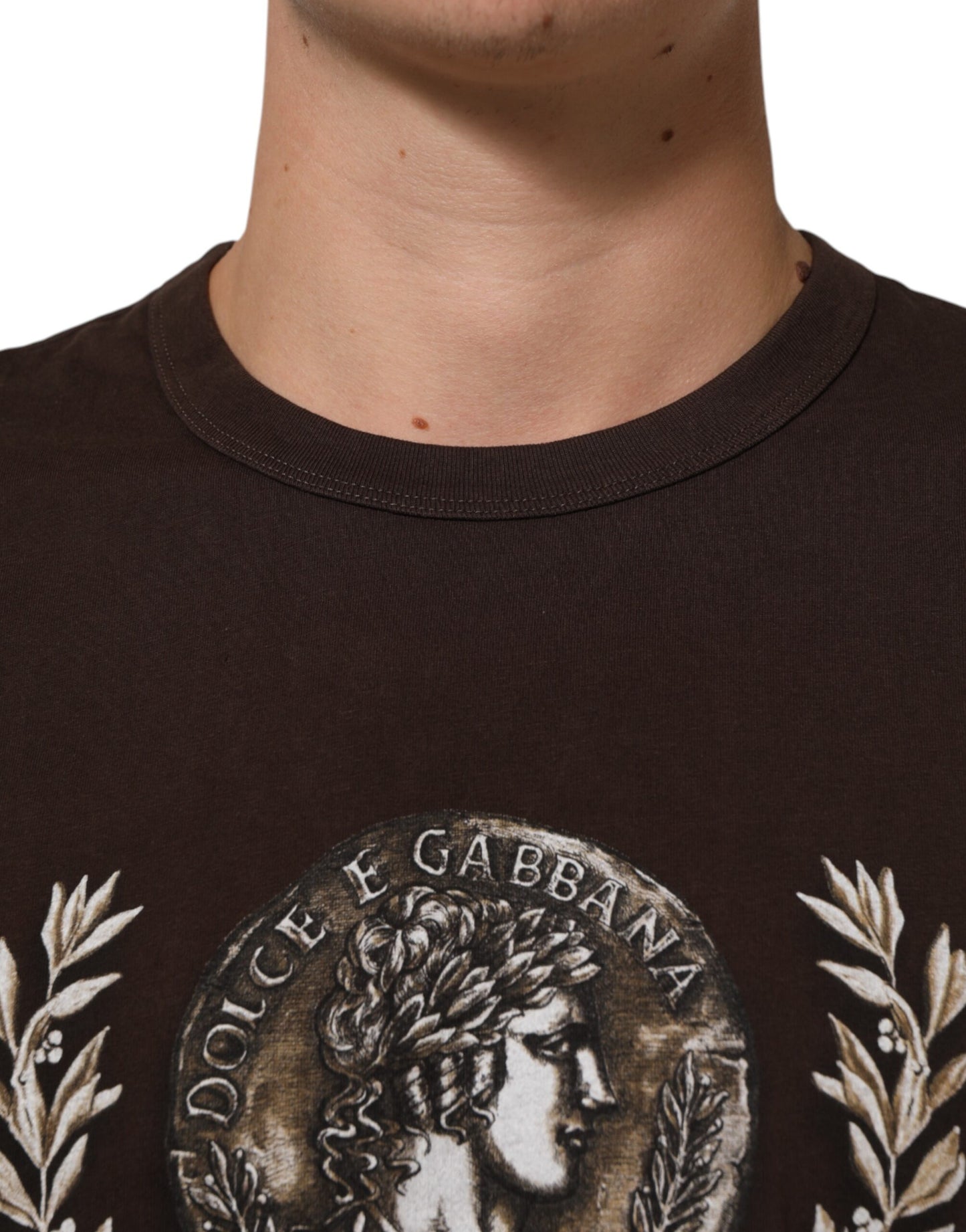 Dolce & Gabbana Brown Coin Laurel Print Men Crew Neck T-shirt