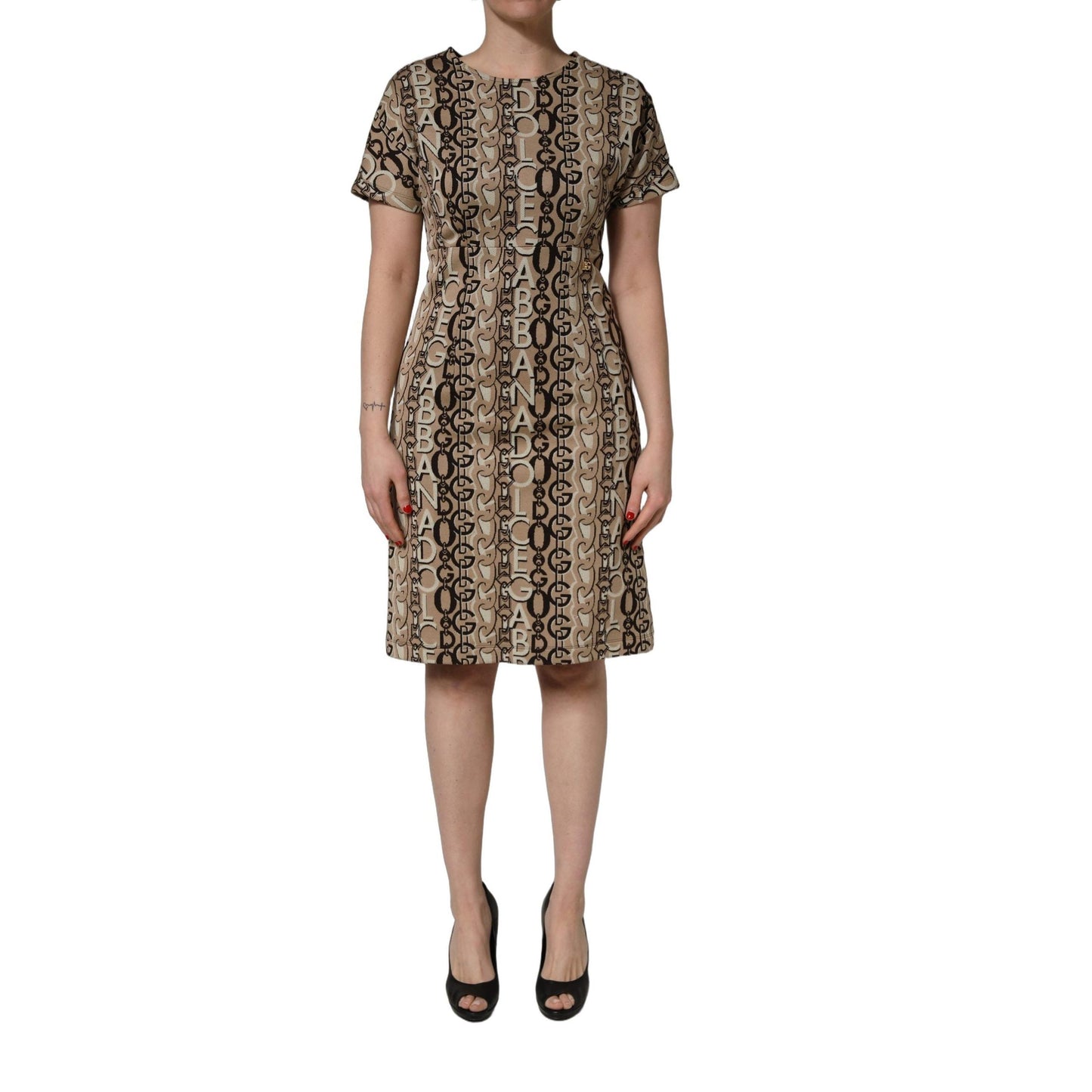 Dolce & Gabbana Brown DG Logo Chain Short-Sleeve Sheath Dress