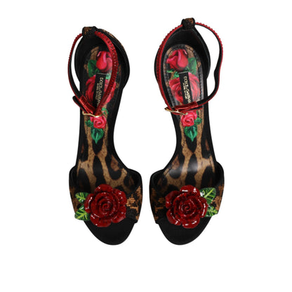 Dolce & Gabbana Brown Leopard Crystal Roses Sandals Shoes