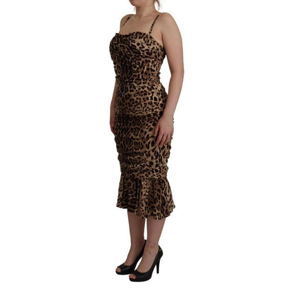 Dolce & Gabbana Brown Leopard Print Ruched Midi Dress