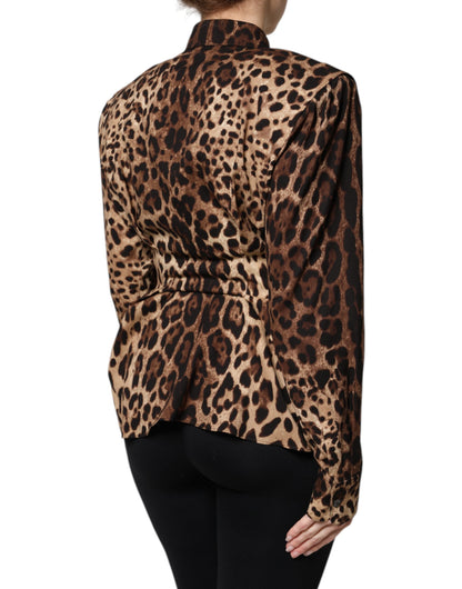 Dolce & Gabbana Brown Leopard Silk Button Down Coat Jacket