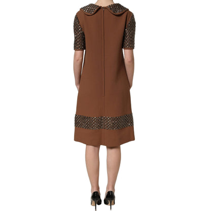 Dolce & Gabbana Brown Wool Rhinestone Embellished Midi Dress
