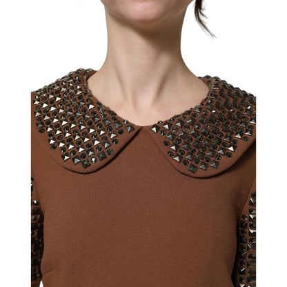 Dolce & Gabbana Brown Wool Rhinestone Embellished Midi Dress