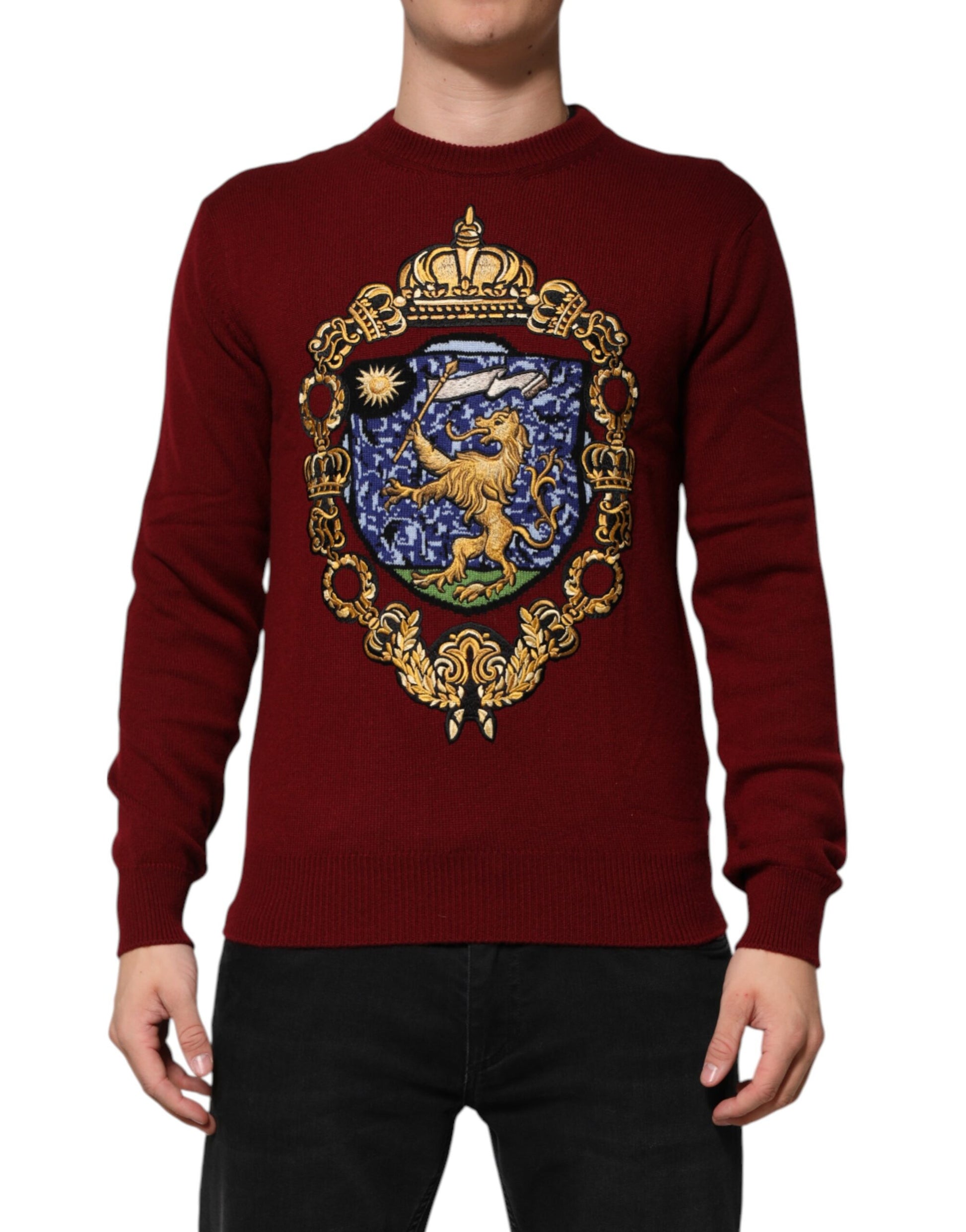 Dolce & Gabbana Burgundy Cashmere Lion Crest Pullover Sweater