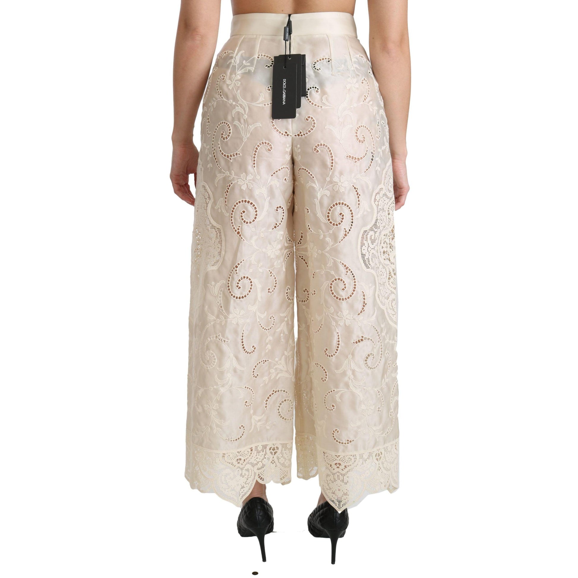 Dolce & Gabbana Cream Lace High Waist Palazzo Cropped Pants