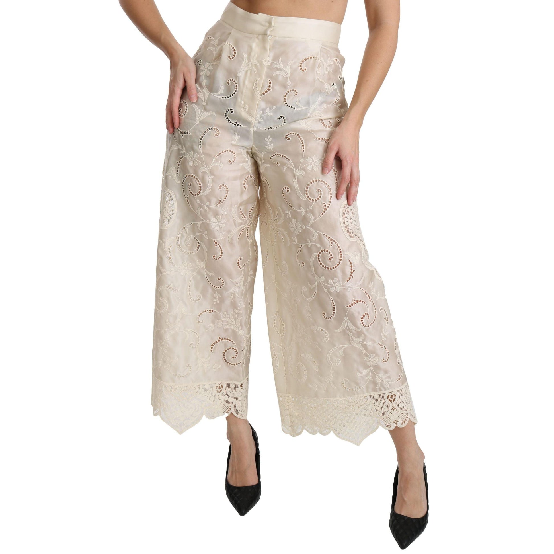 Dolce & Gabbana Cream Lace High Waist Palazzo Cropped Pants