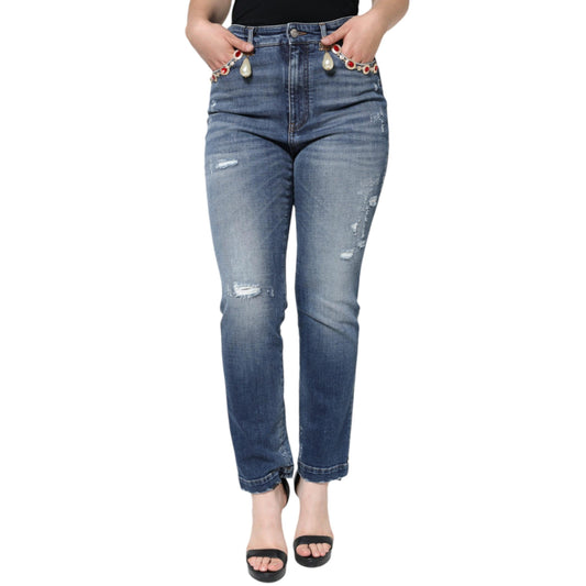 Dolce & Gabbana Dark Blue Cotton Tattered Skinny Denim Jeans