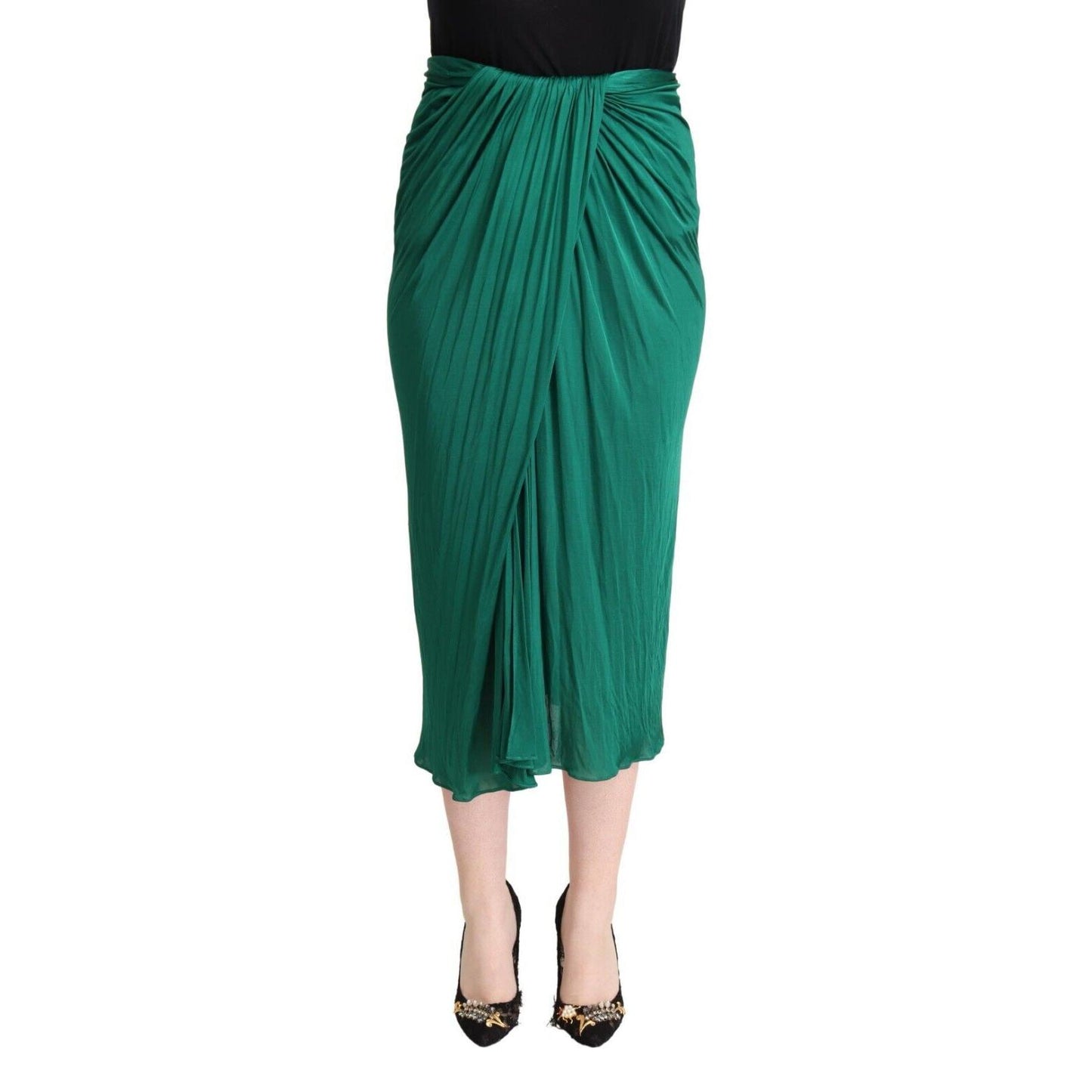 Dolce & Gabbana Dark Green High Waist Midi Pencil Cut Pleated Skirt