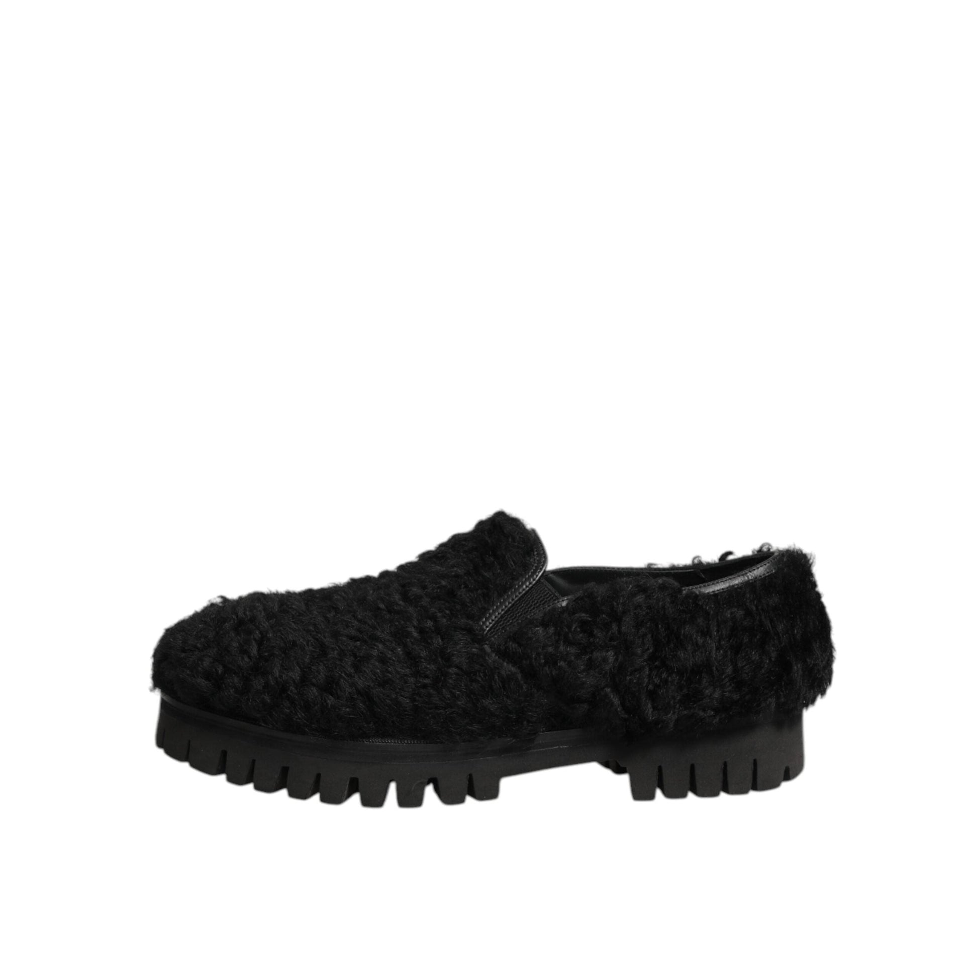 Dolce & Gabbana Dress Black Fur Leather Slippers Men Shoes