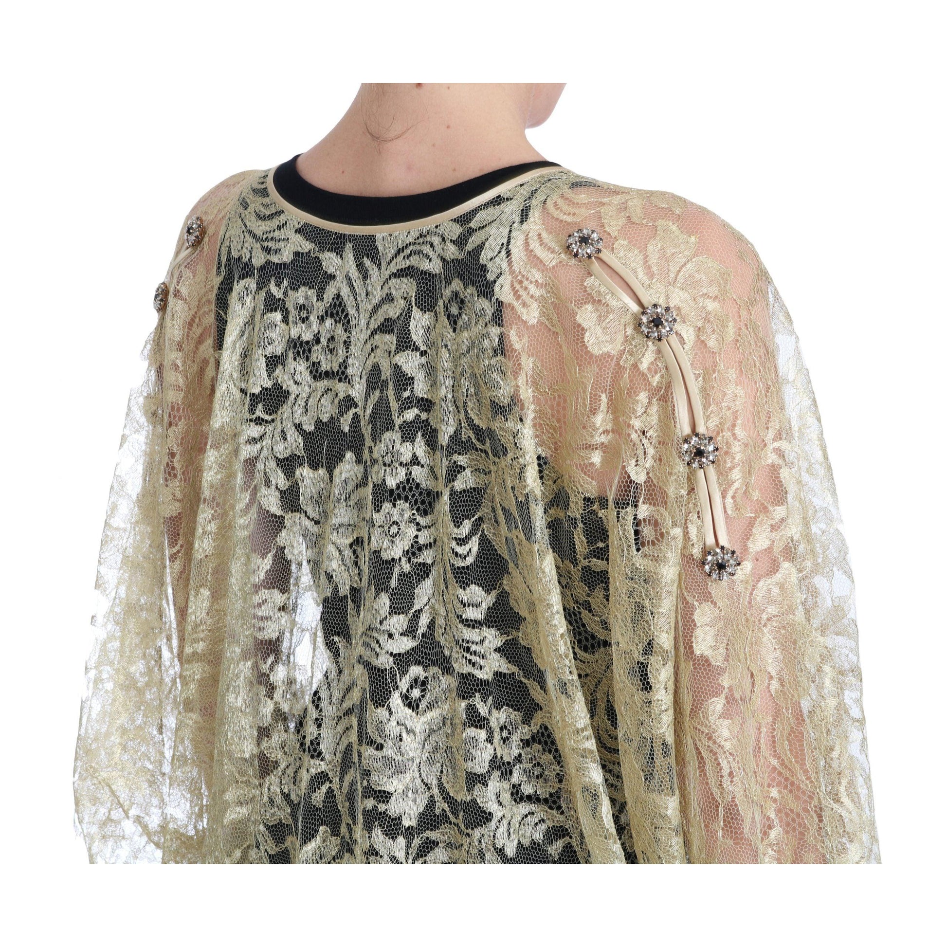 Dolce & Gabbana Gold Floral Lace Crystal Gown Cape Dress