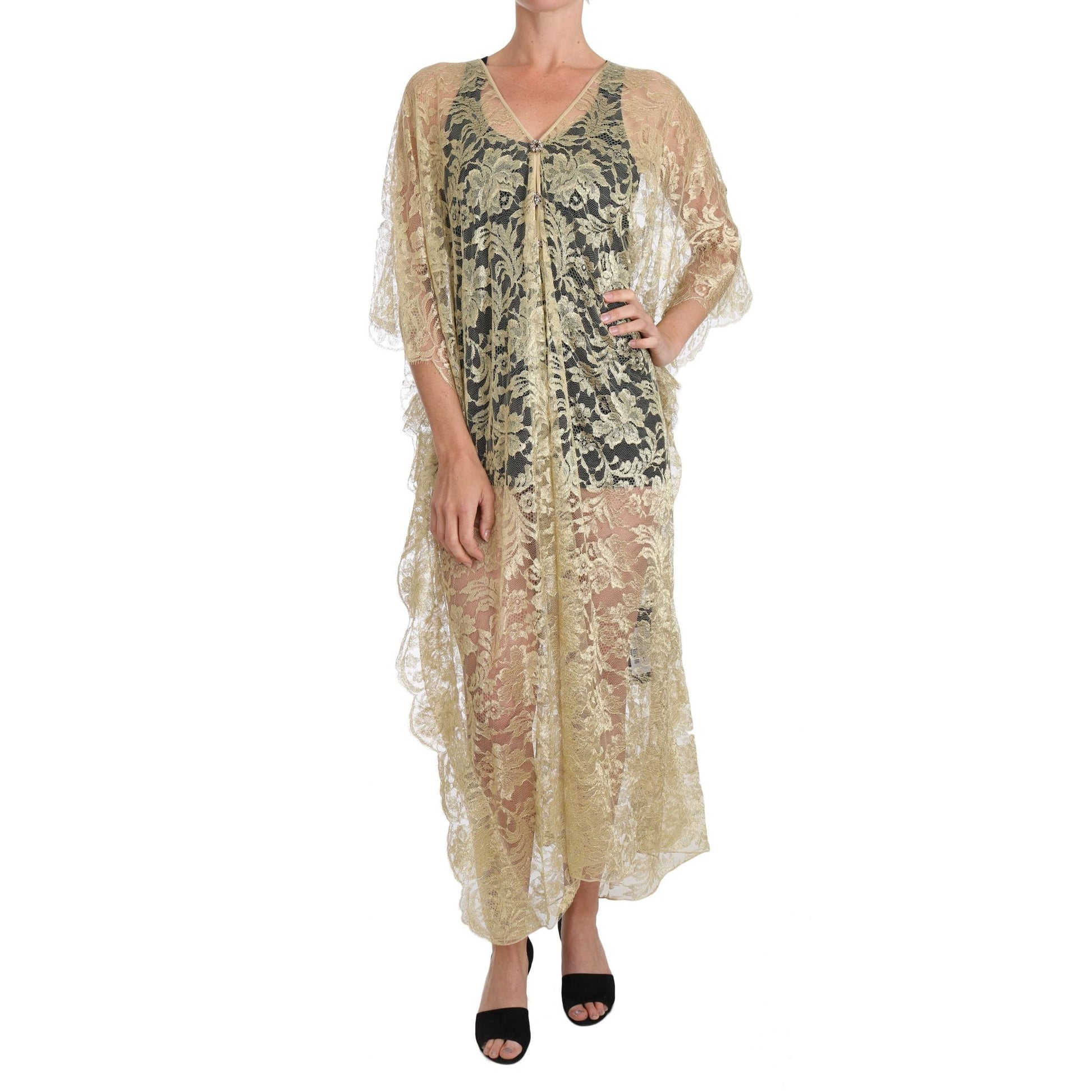 Dolce & Gabbana Gold Floral Lace Crystal Gown Cape Dress