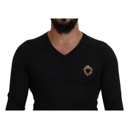 Dolce & Gabbana Gray Cashmere V-neck Gold Heart Sweater