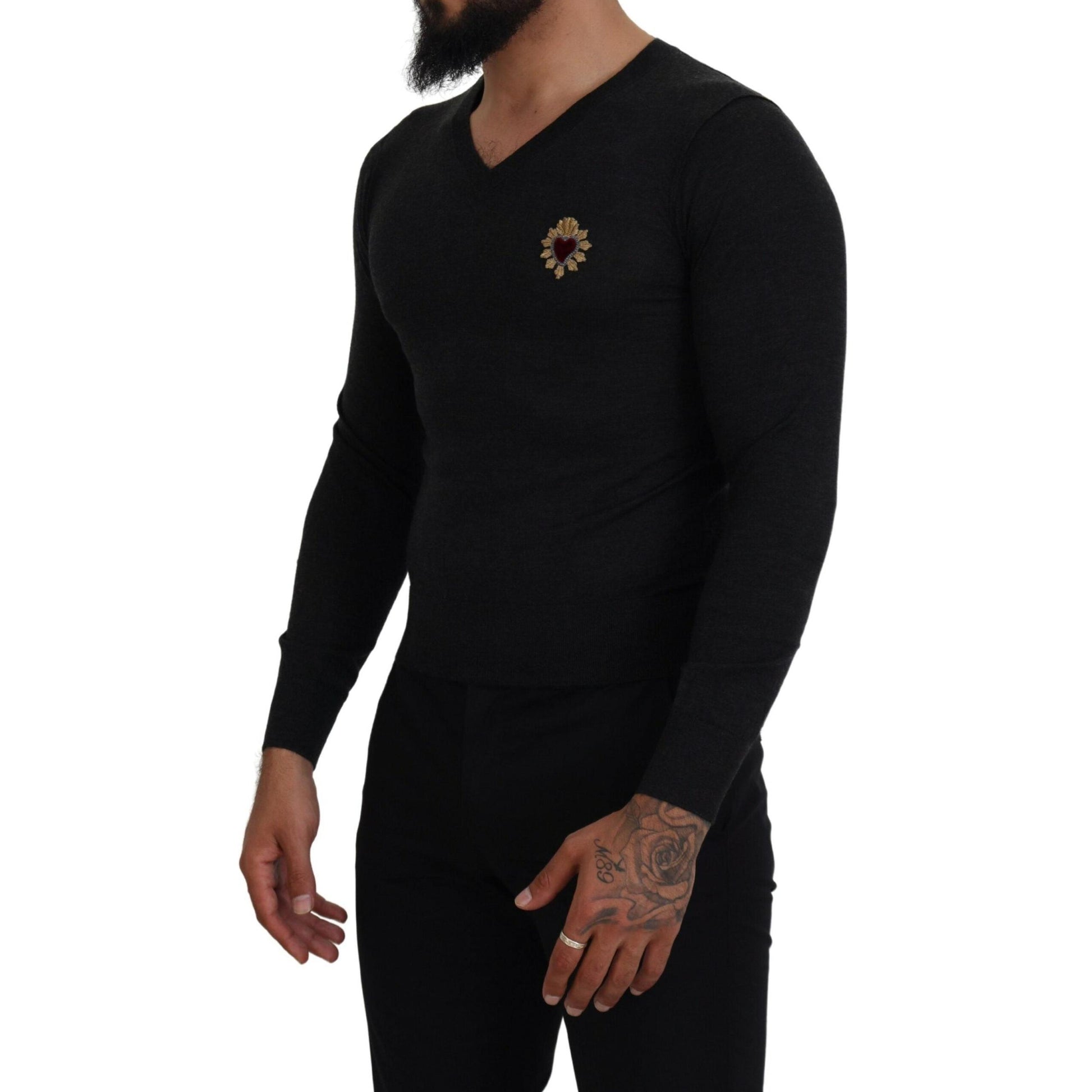 Dolce & Gabbana Gray Cashmere V-neck Gold Heart Sweater