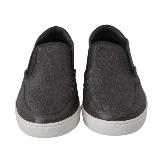 Dolce & Gabbana Gray Leather Flat Caiman Mens Loafers Shoes