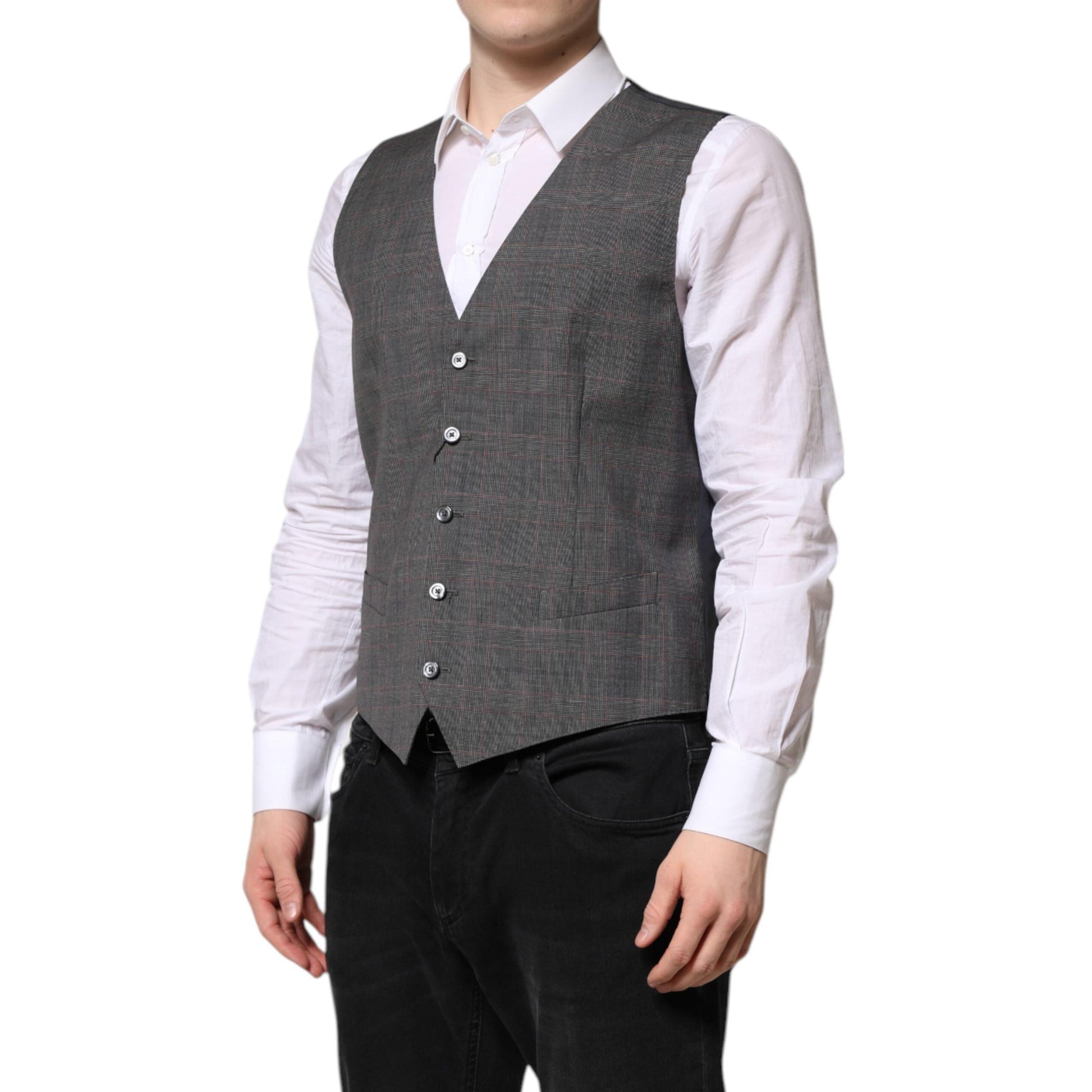 Dolce & Gabbana Gray Plaid Wool Formal Dress Waistcoat Vest
