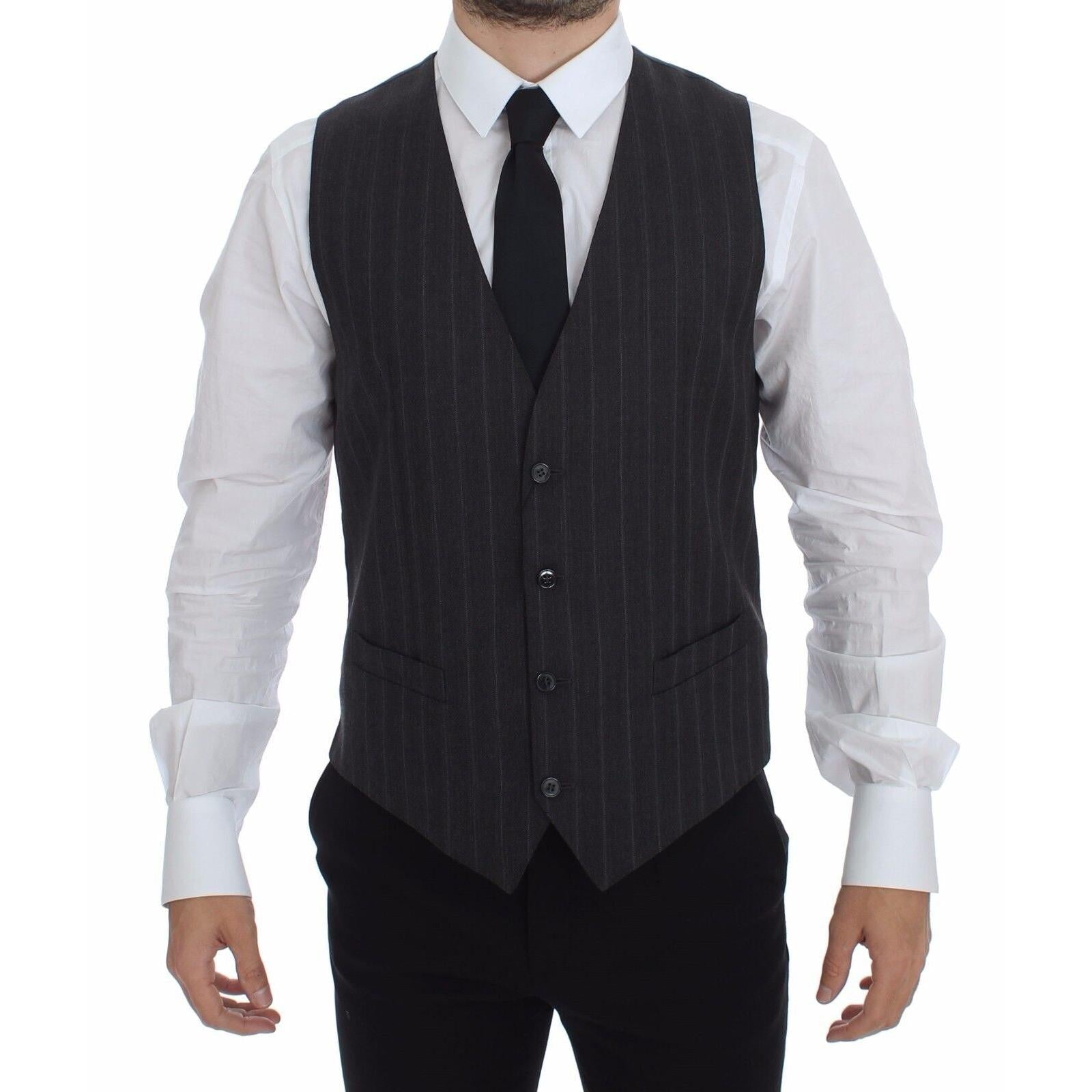 Dolce & Gabbana Gray Striped Wool Logo Vest Gilet Weste