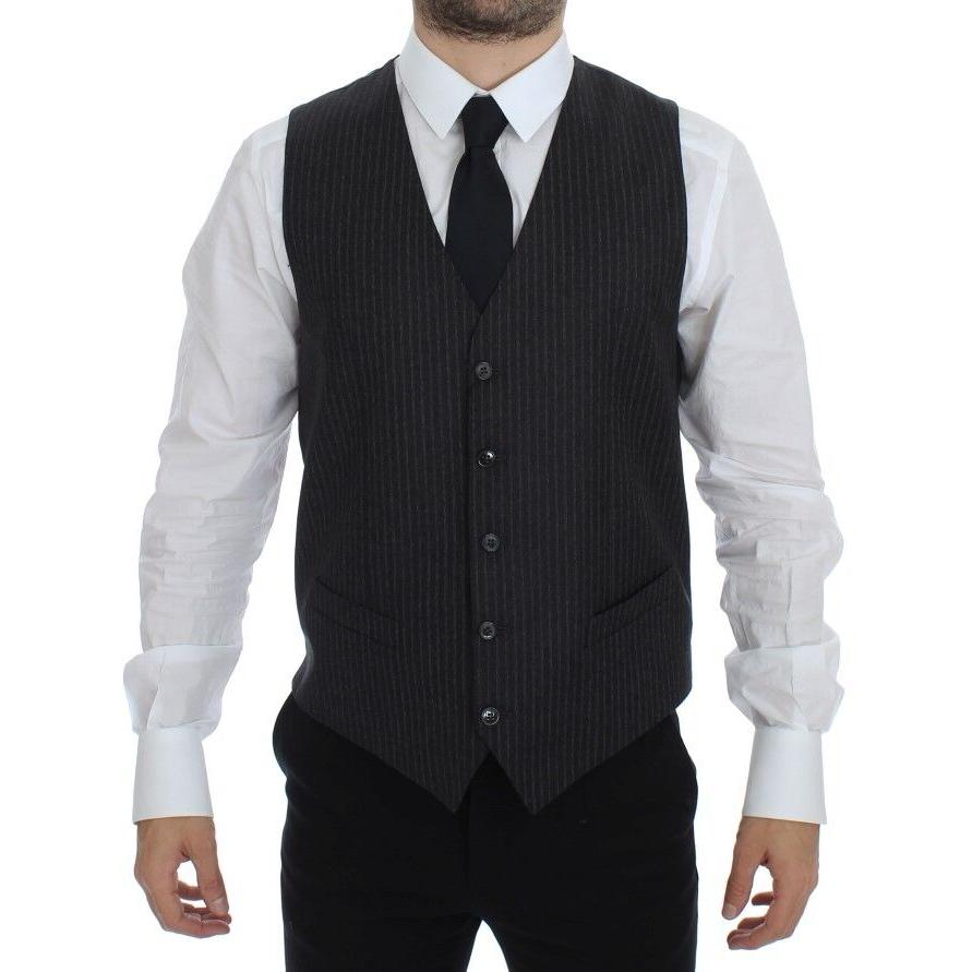 Dolce & Gabbana Gray Striped Wool Single Breasted Vest