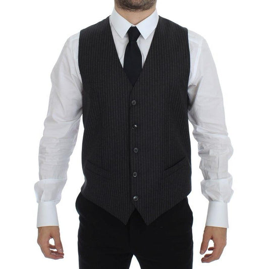 Dolce & Gabbana Gray Striped Wool Single Breasted Vest