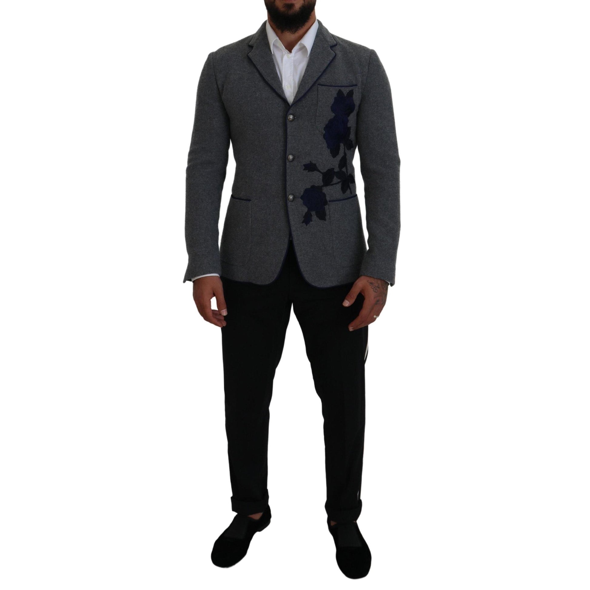 Dolce & Gabbana Gray Wool Roses Slim Fit Jacket Blazer