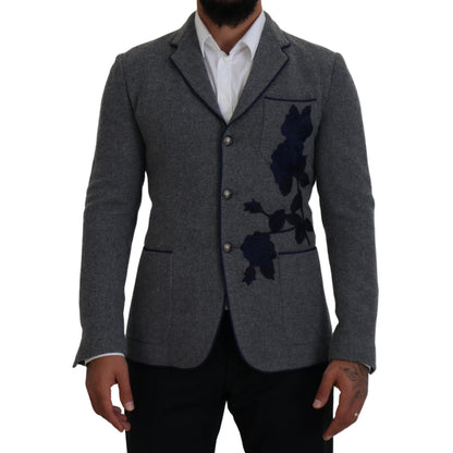 Dolce & Gabbana Gray Wool Roses Slim Fit Jacket Blazer