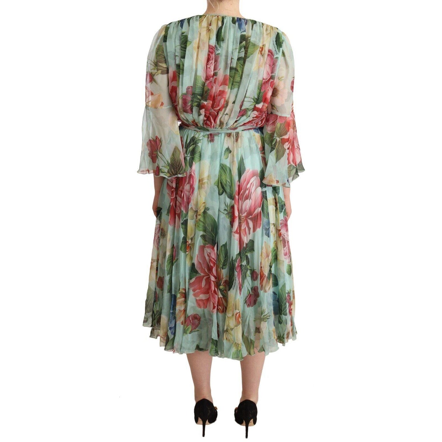 Dolce & Gabbana Green Floral Long Sleeves V-neck Midi Dress