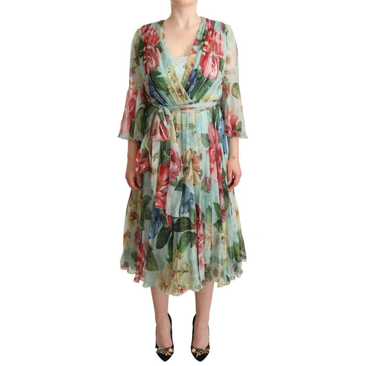 Dolce & Gabbana Green Floral Long Sleeves V-neck Midi Dress