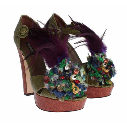 Dolce & Gabbana Green Leather Crystal Platform Sandal Shoes