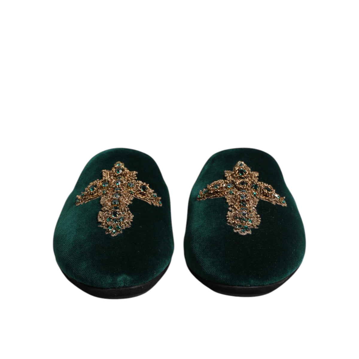 Dolce & Gabbana Green Velvet Cross Embellished Slippers Shoes