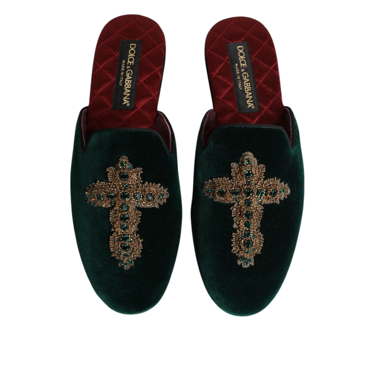 Dolce & Gabbana Green Velvet Cross Embellished Slippers Shoes