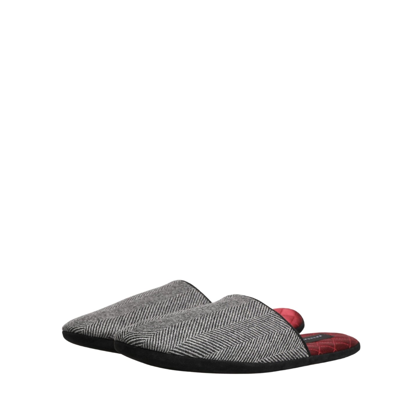 Dolce & Gabbana Grey Herringbone Cashmere Red Slippers Shoes