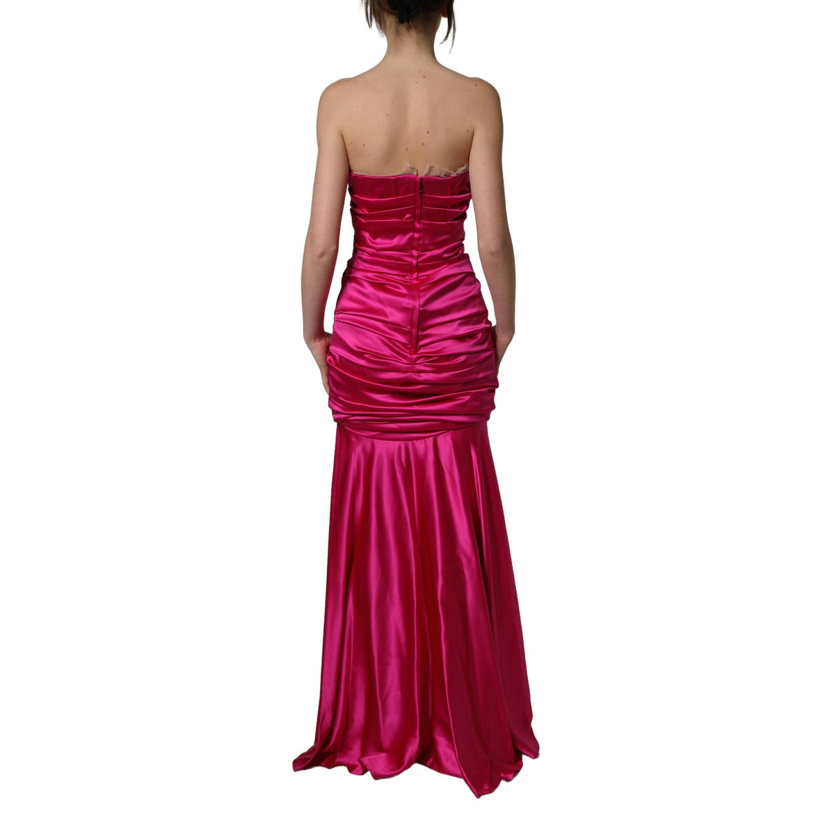 Dolce & Gabbana Hot Pink Ruched Satin Strapless Gown Dress