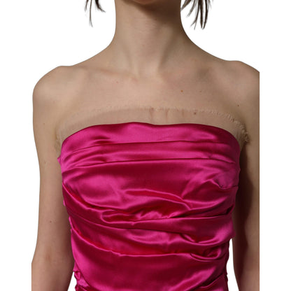 Dolce & Gabbana Hot Pink Ruched Satin Strapless Gown Dress