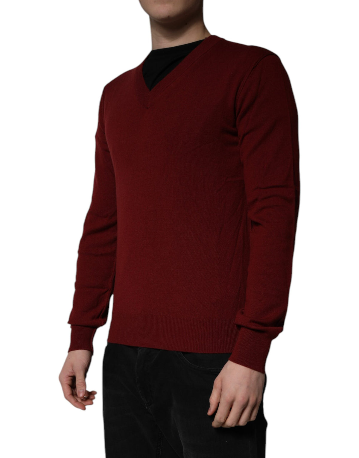 Dolce & Gabbana Maroon Cashmere V-neck Men Pullover Sweater