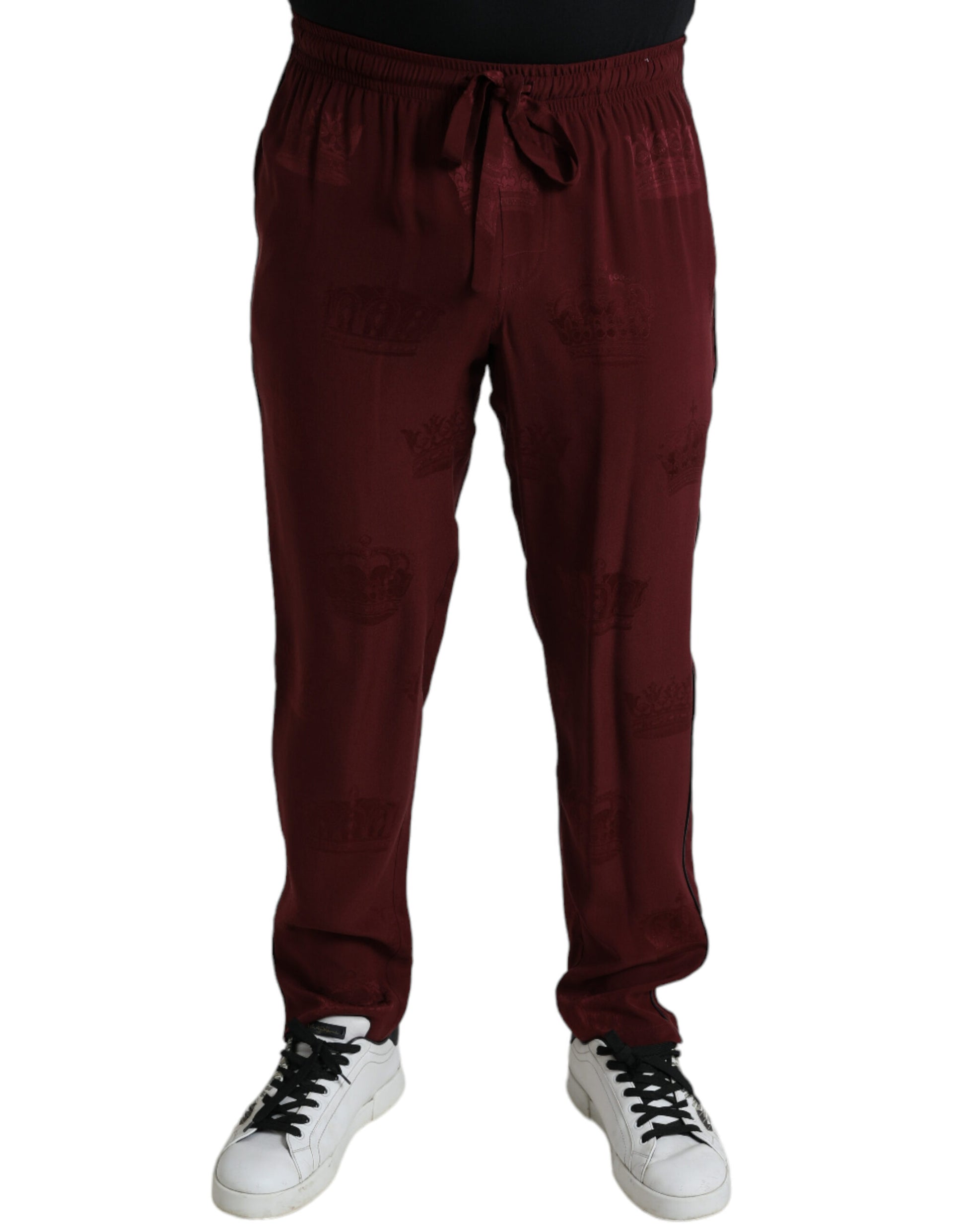 Dolce & Gabbana Maroon Crown Pattern Silke Pajama Bukser & Jeans