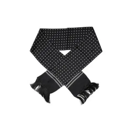 Dolce & Gabbana Men Sort Scarf 100 Silk Logo Bird Print Fringes Casual Shaw