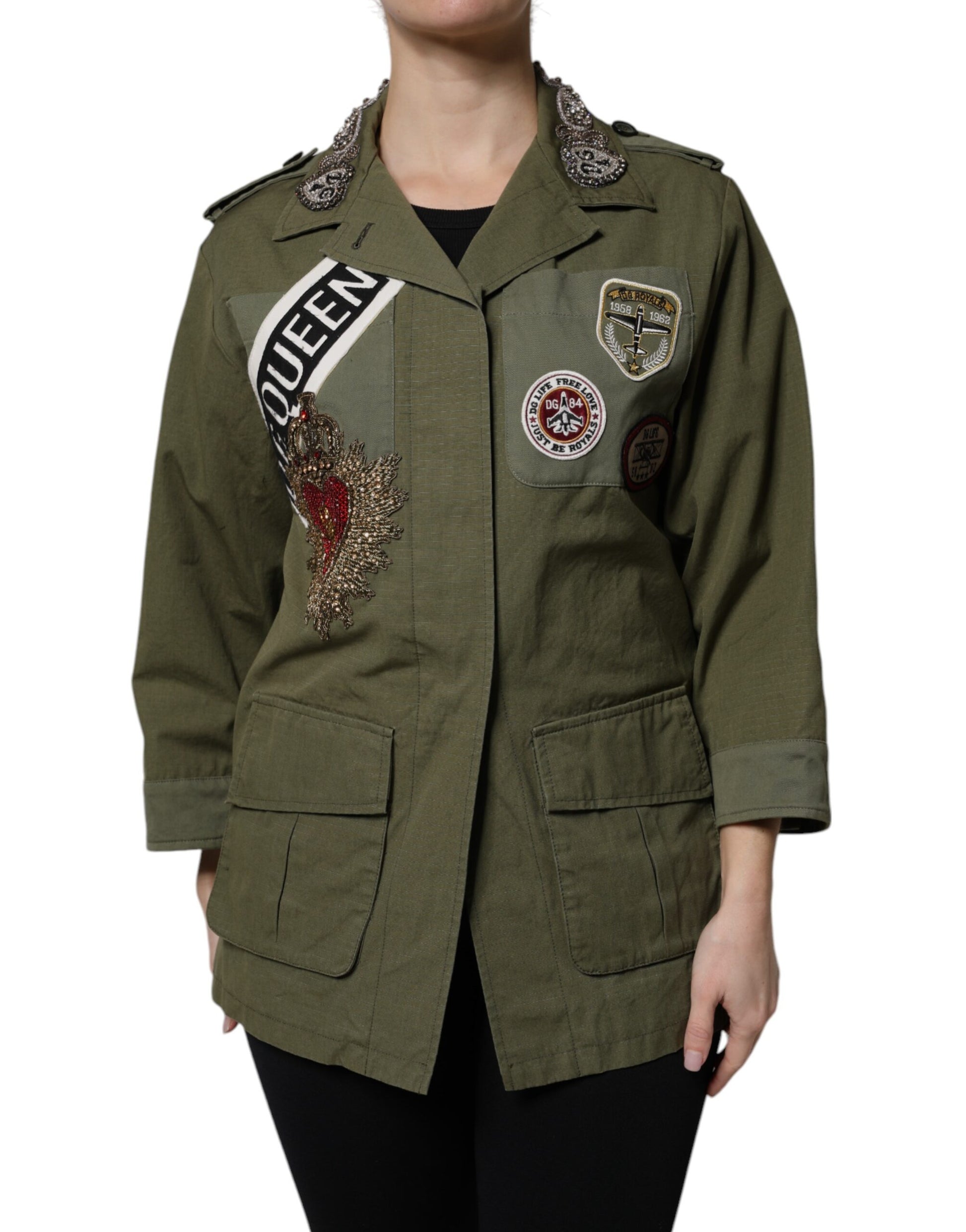 Dolce & Gabbana Military Green Queen Embellished Coat Jacket